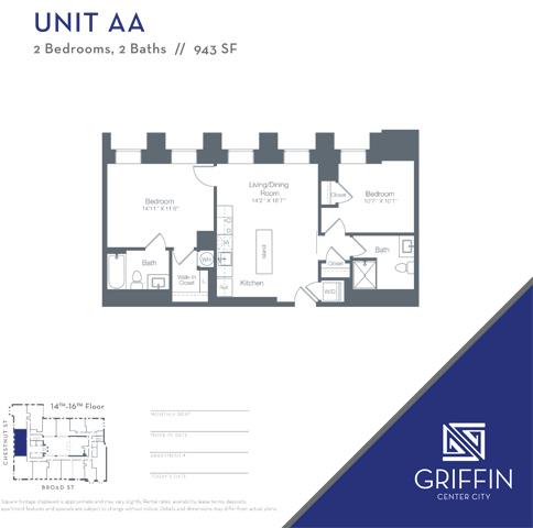 Floor plan for 2 beds, 2 baths, 942 sqft